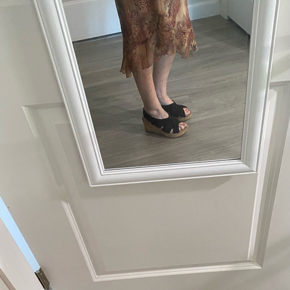 Clarks Artisan Black Suede Sandals Cork Wedge - Picture 8 of 9